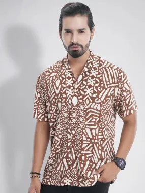 Men's Short Sleeve Camp Collar Casual in Russet Geometric Print Shirt