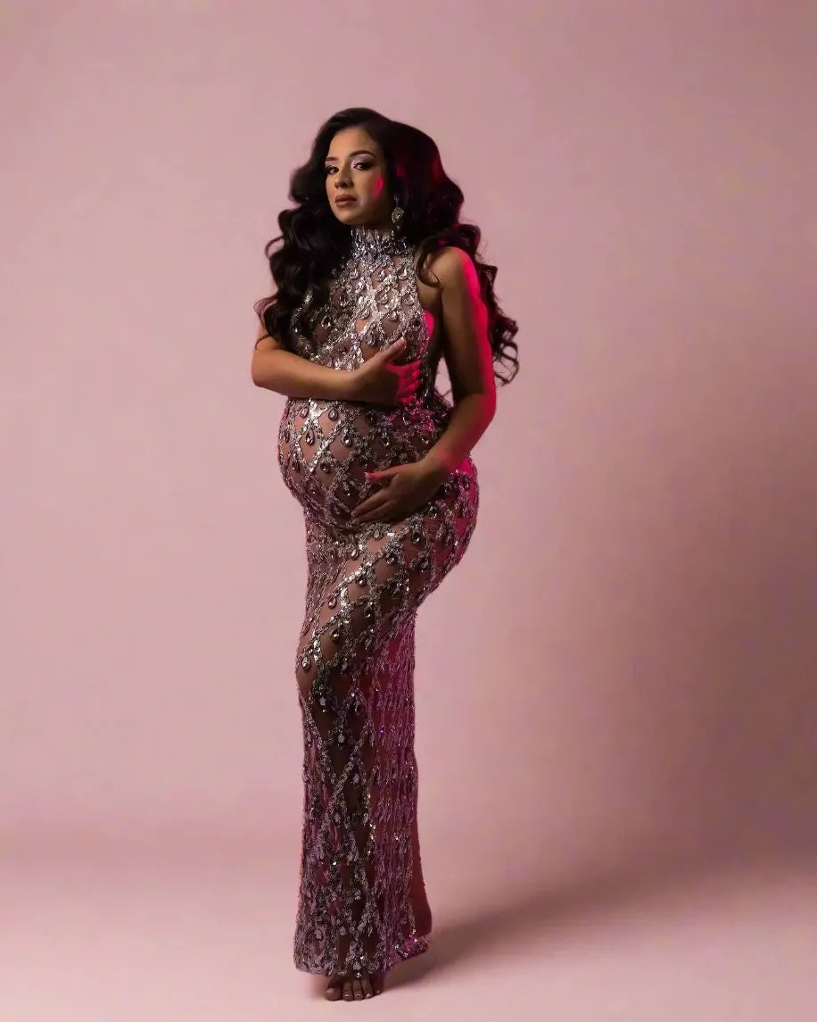 2024 Glam Tulle Maternity Dress with Crystals for Pregnancy Photoshoot