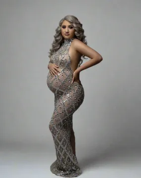 2024 Glam Tulle Maternity Dress with Crystals for Pregnancy Photoshoot