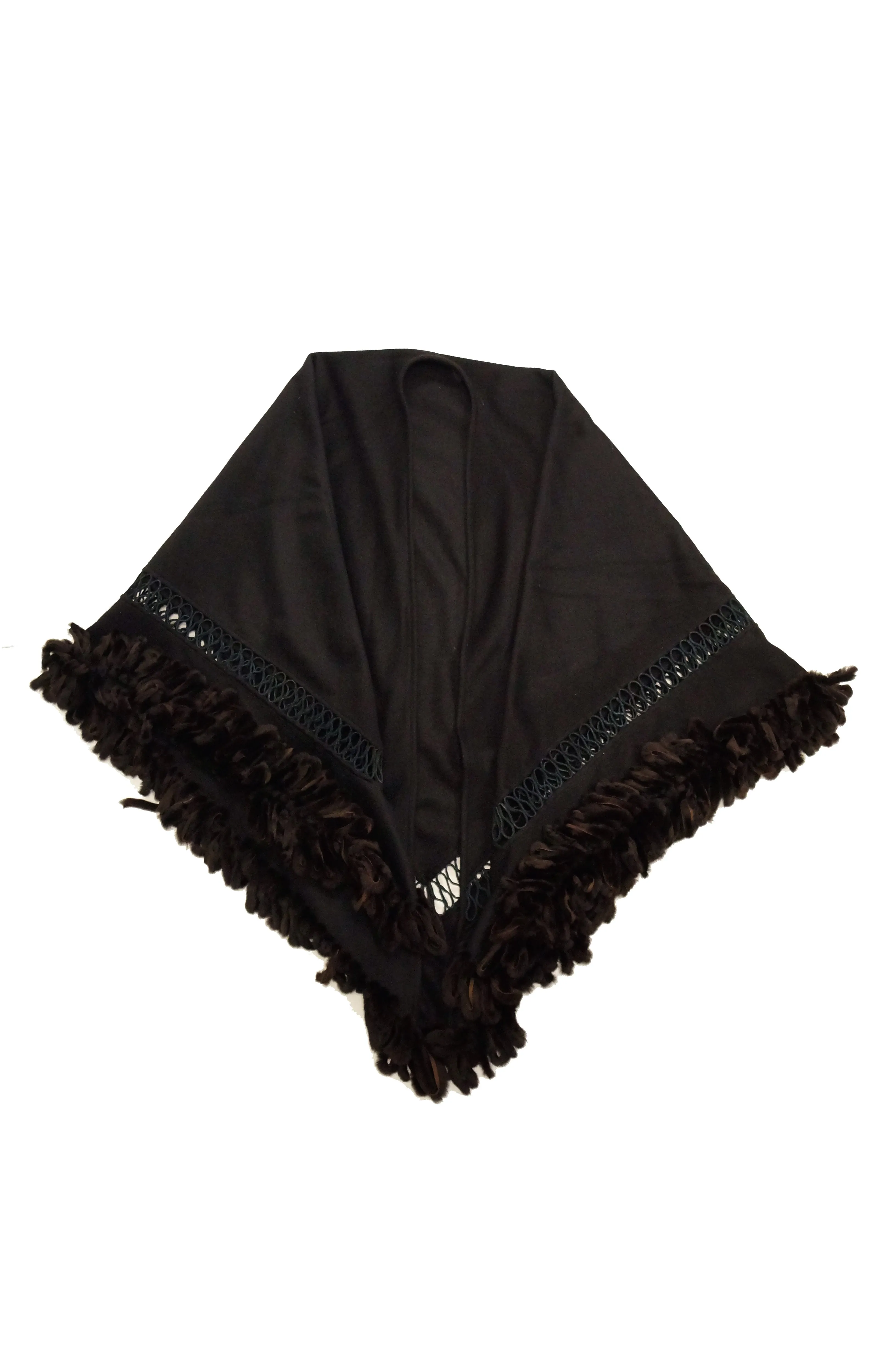 Adrienne Landau Black Wool and Fox Fur Shawl