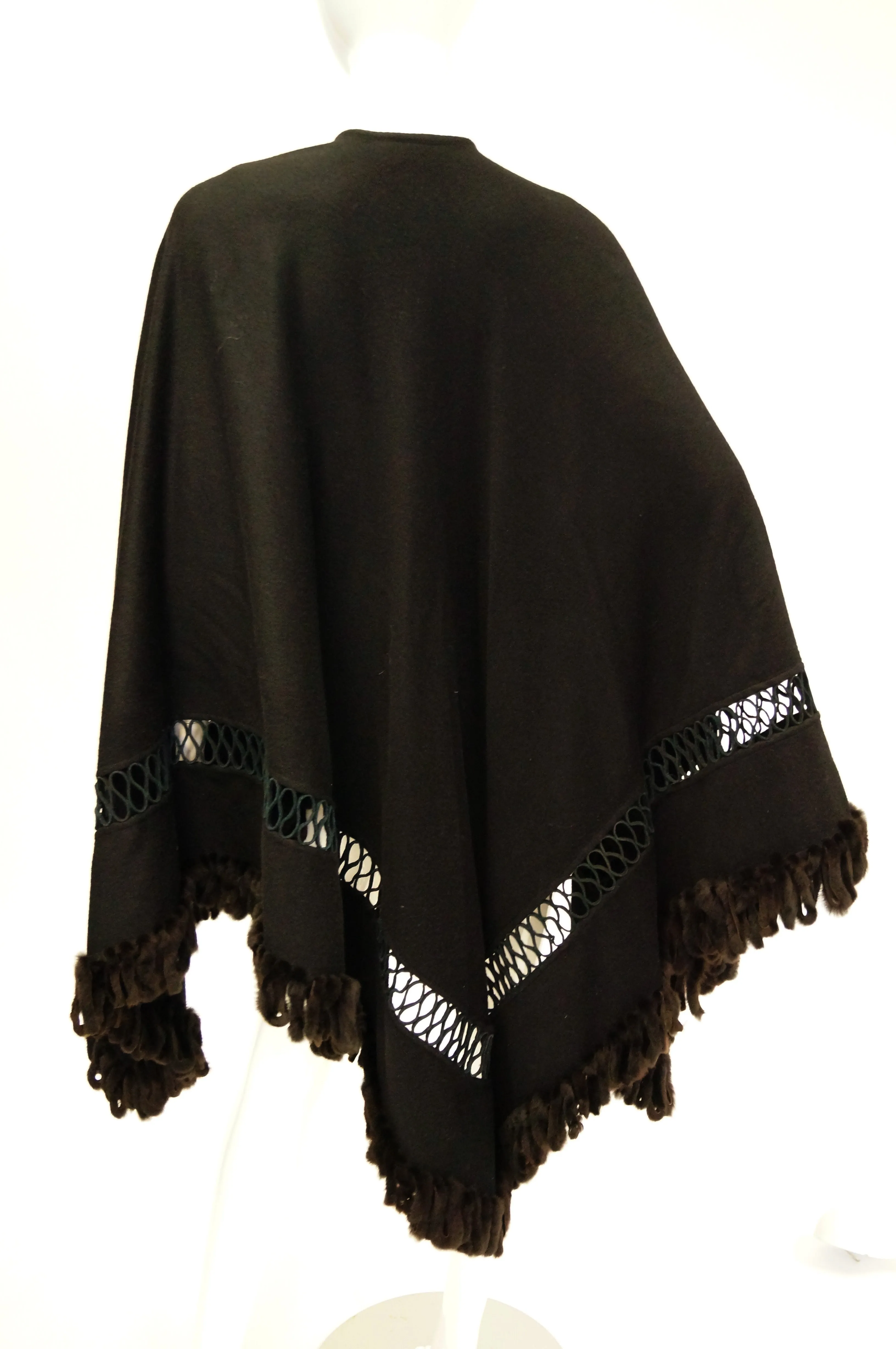 Adrienne Landau Black Wool and Fox Fur Shawl