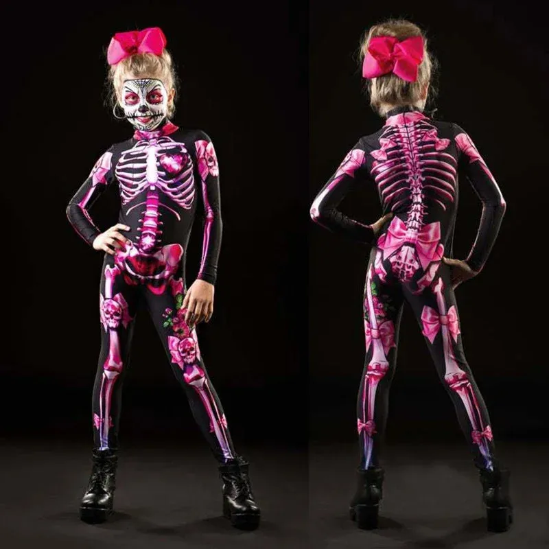 Advbridge Rose Skeleton Adult Kids Scary Costume Halloween Dress Cosplay Sexy Jumpsuit Carnival Party Baby Girl Rompers Day of The Dead