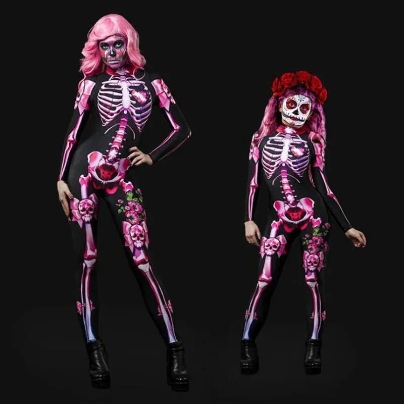 Advbridge Rose Skeleton Adult Kids Scary Costume Halloween Dress Cosplay Sexy Jumpsuit Carnival Party Baby Girl Rompers Day of The Dead