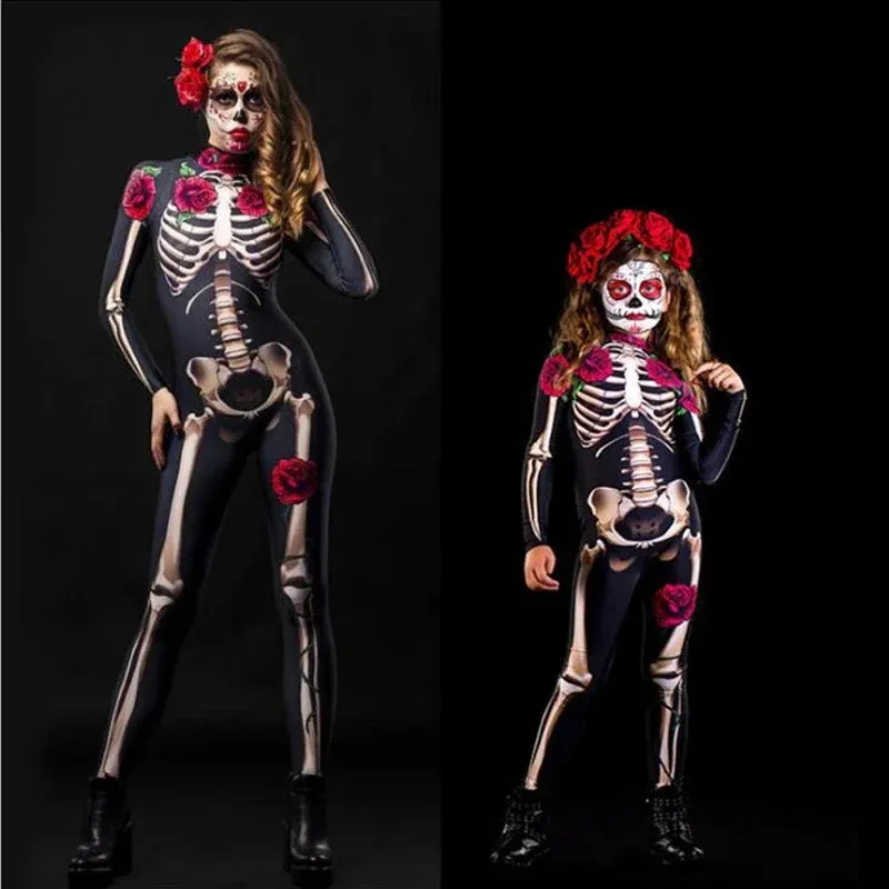 Advbridge Rose Skeleton Adult Kids Scary Costume Halloween Dress Cosplay Sexy Jumpsuit Carnival Party Baby Girl Rompers Day of The Dead