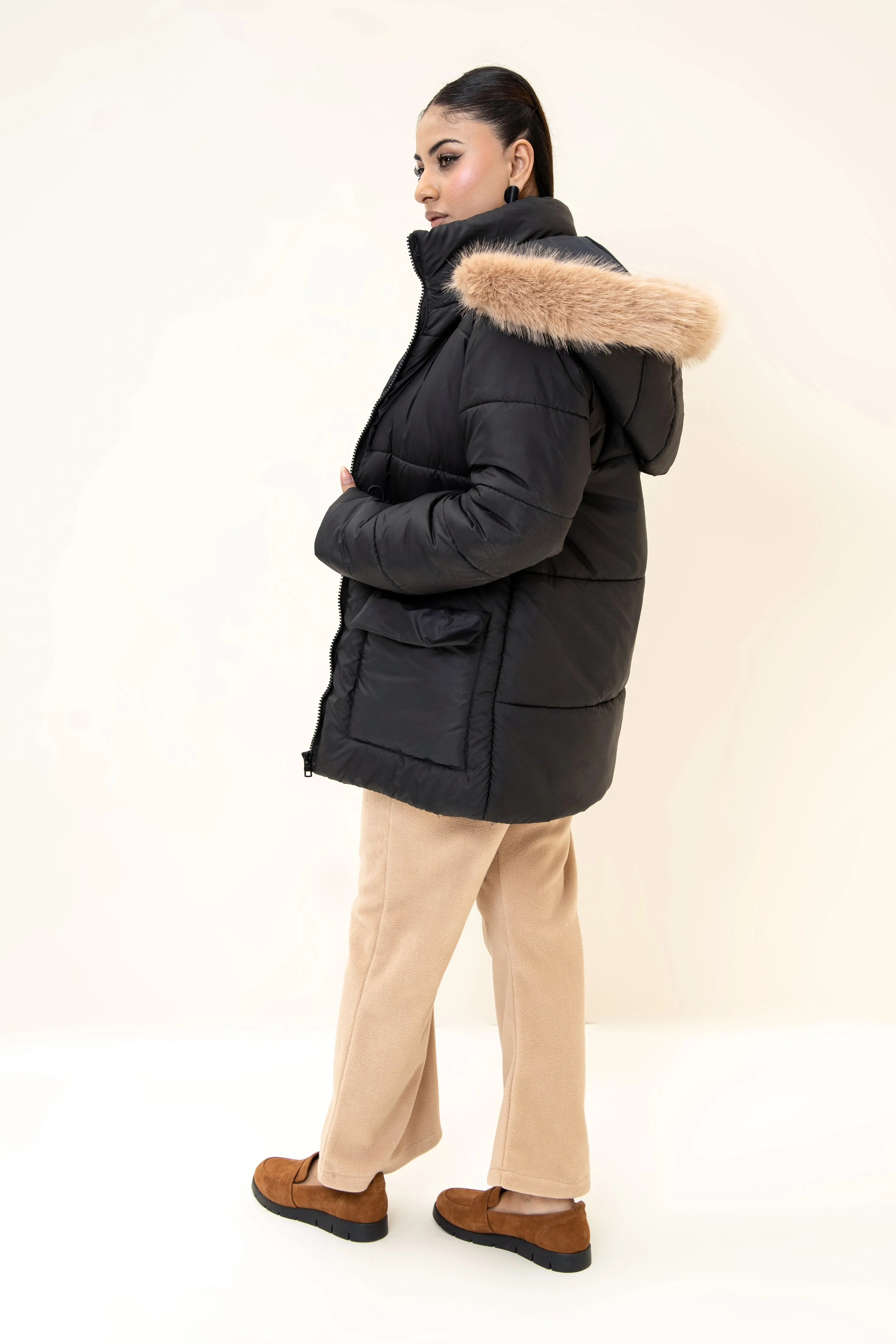 Alaska NEO Soft Puffer Jacket with Fur Hoodie Black