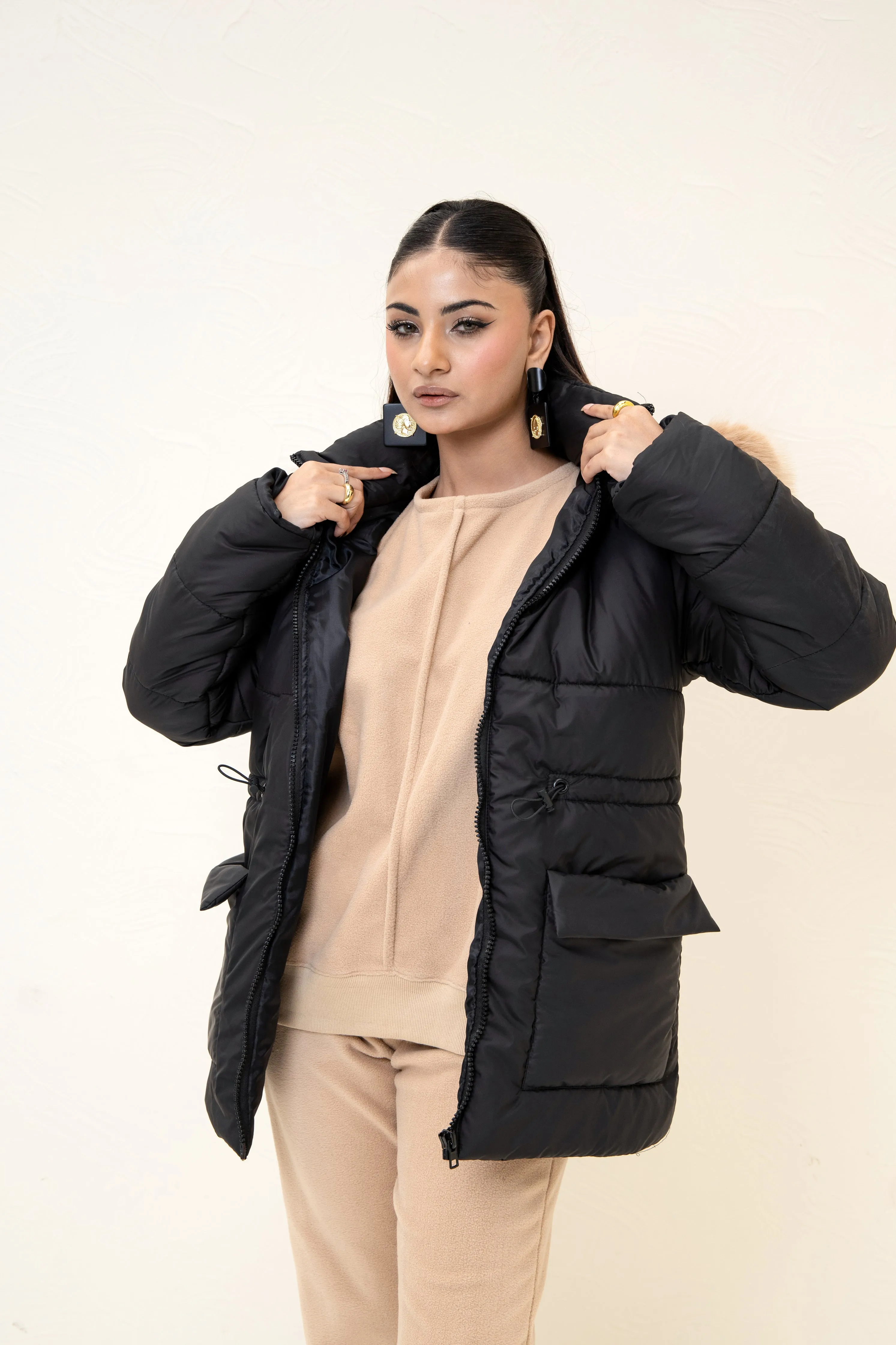 Alaska NEO Soft Puffer Jacket with Fur Hoodie Black