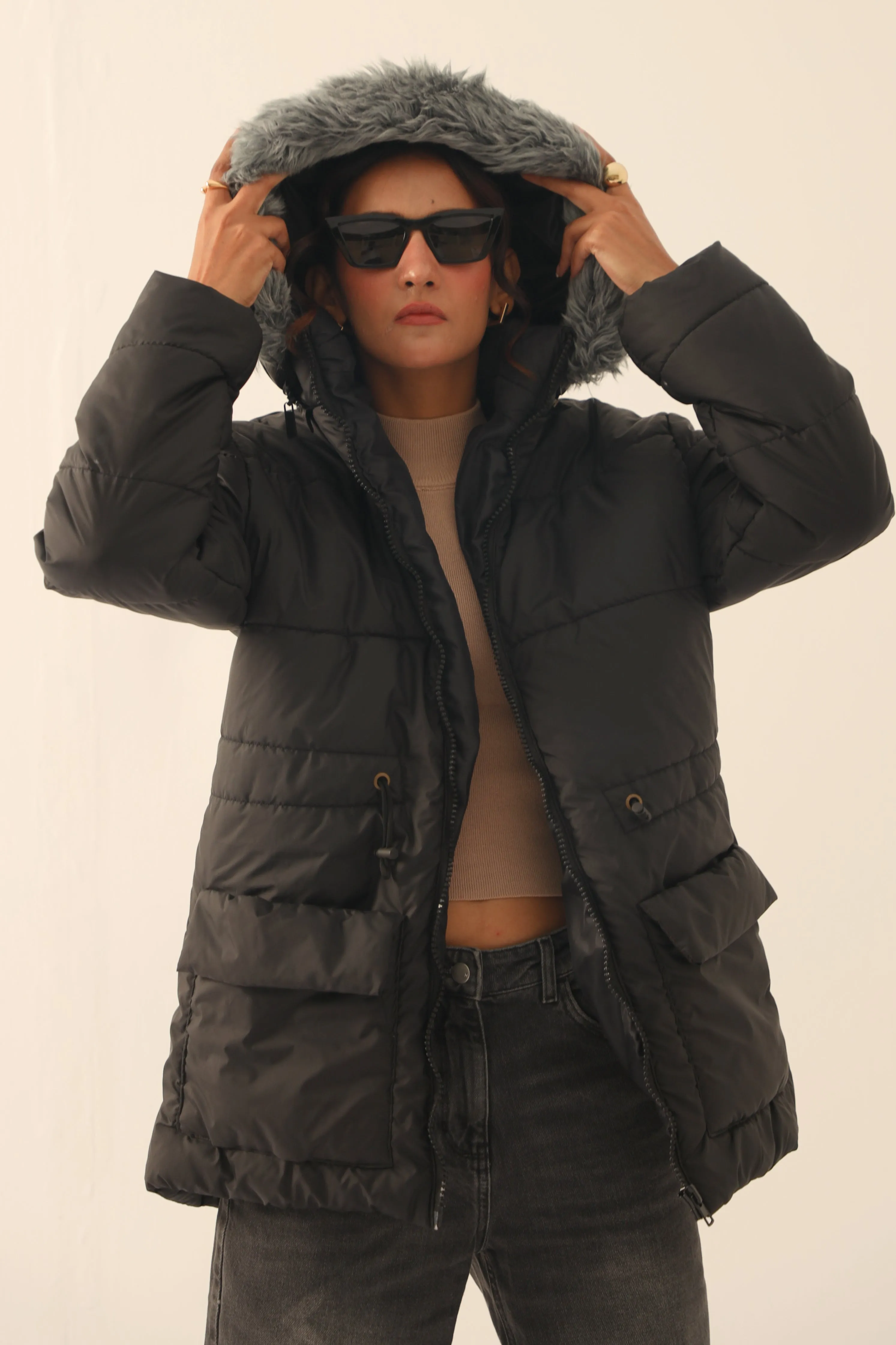 Alaska NEO Soft Puffer Jacket with Fur Hoodie Black