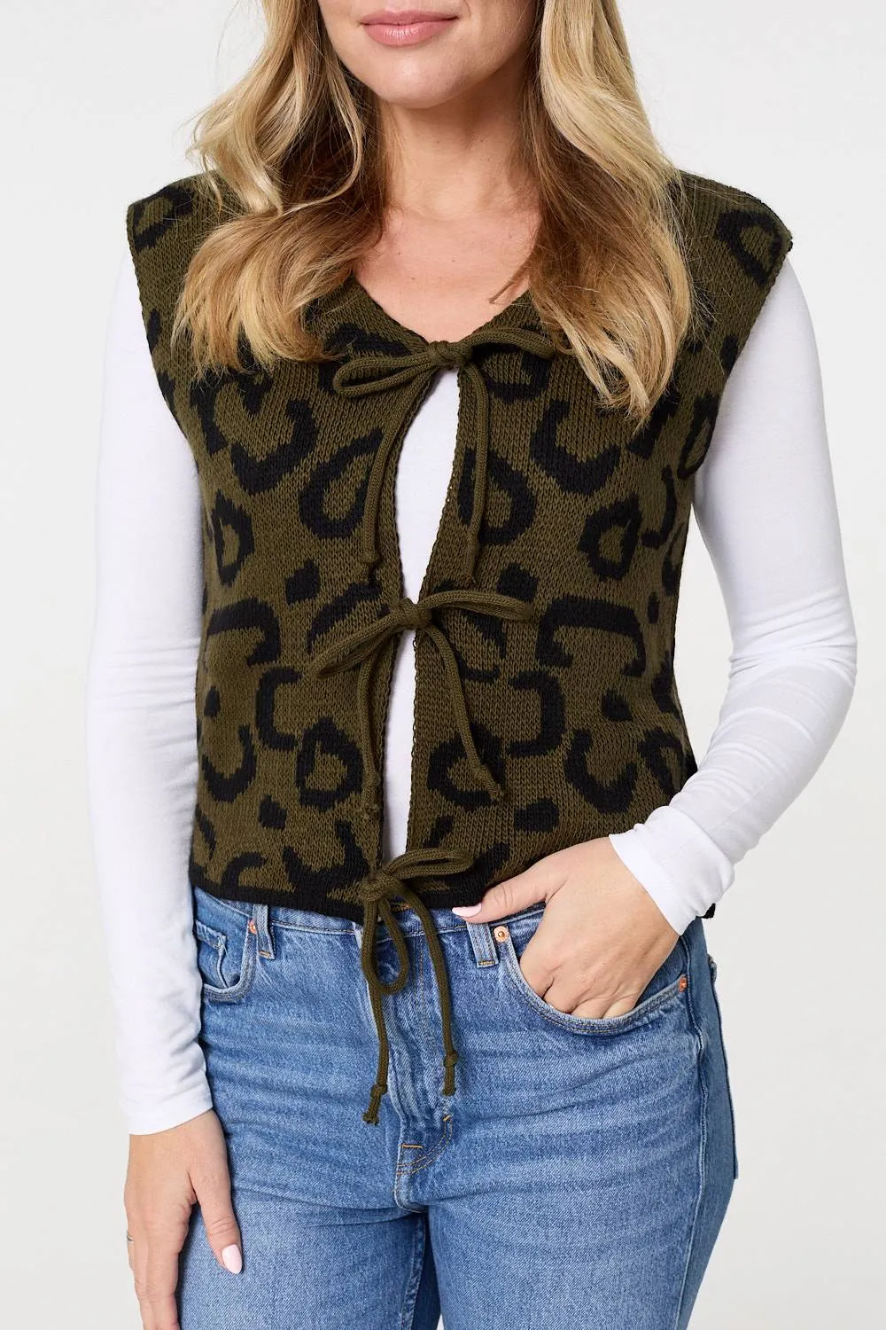 Animal Print Tie Front Sleeveless Vest