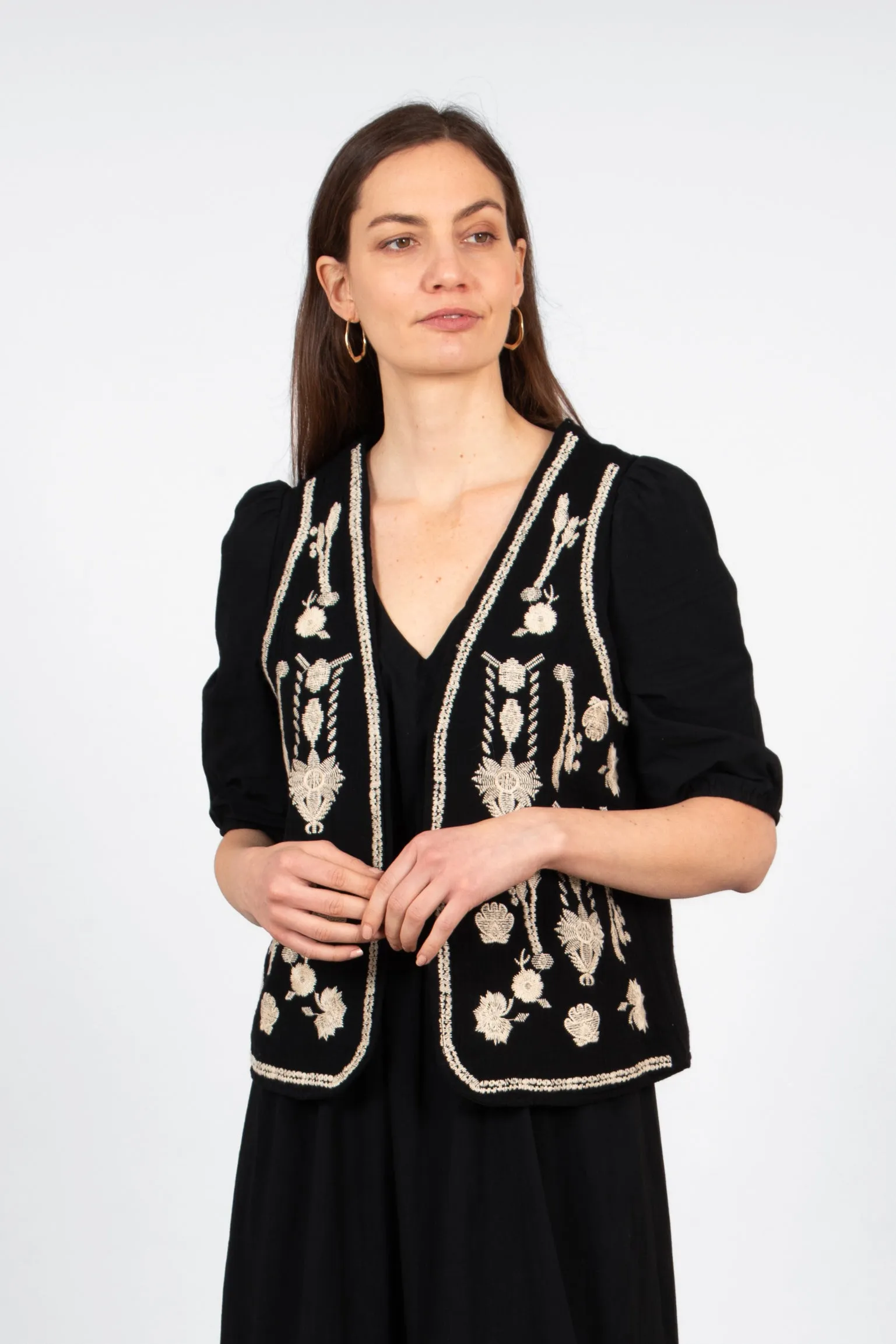 Aubrey Lightweight Waistcoat - Black/Ecru, Floral Embroidery