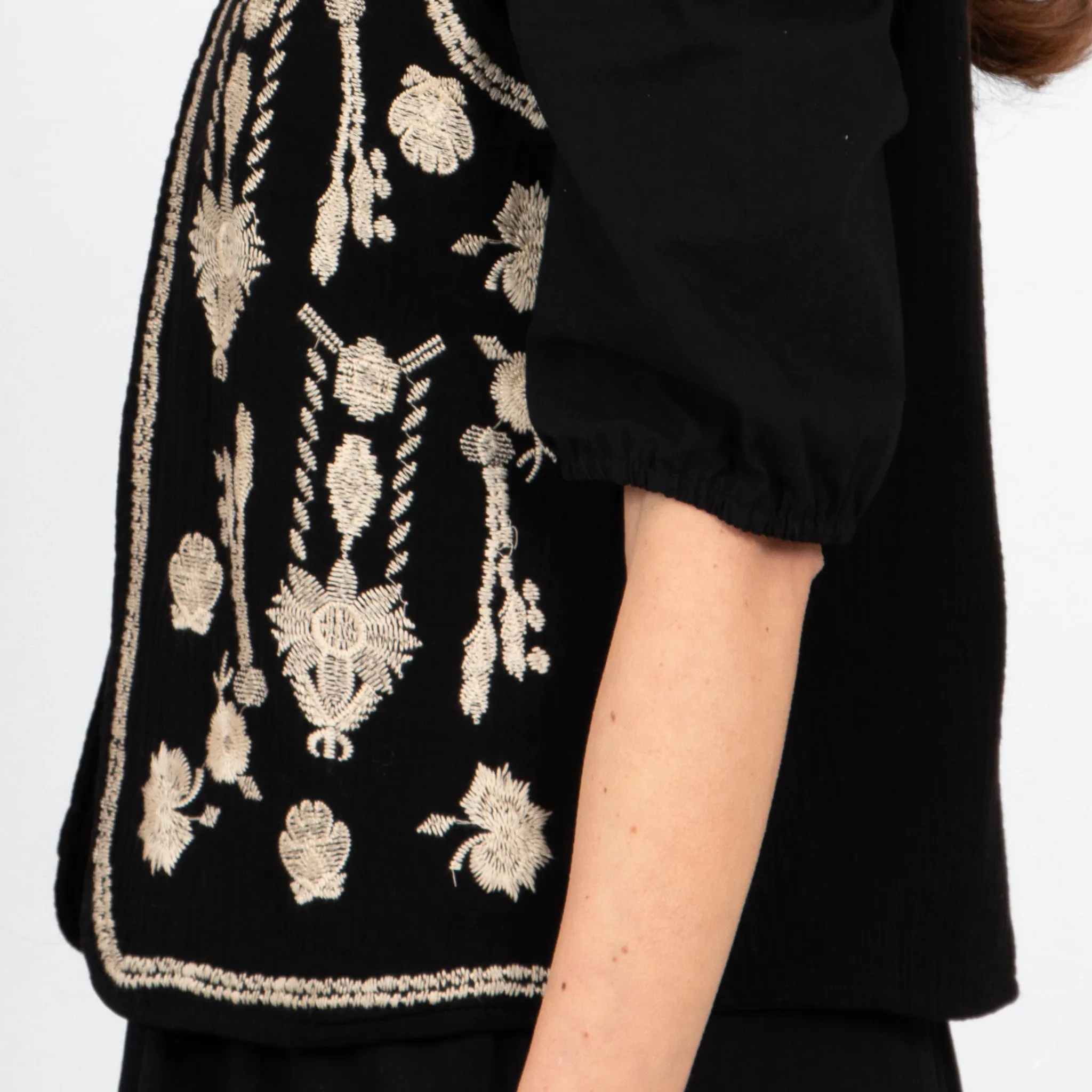 Aubrey Lightweight Waistcoat - Black/Ecru, Floral Embroidery