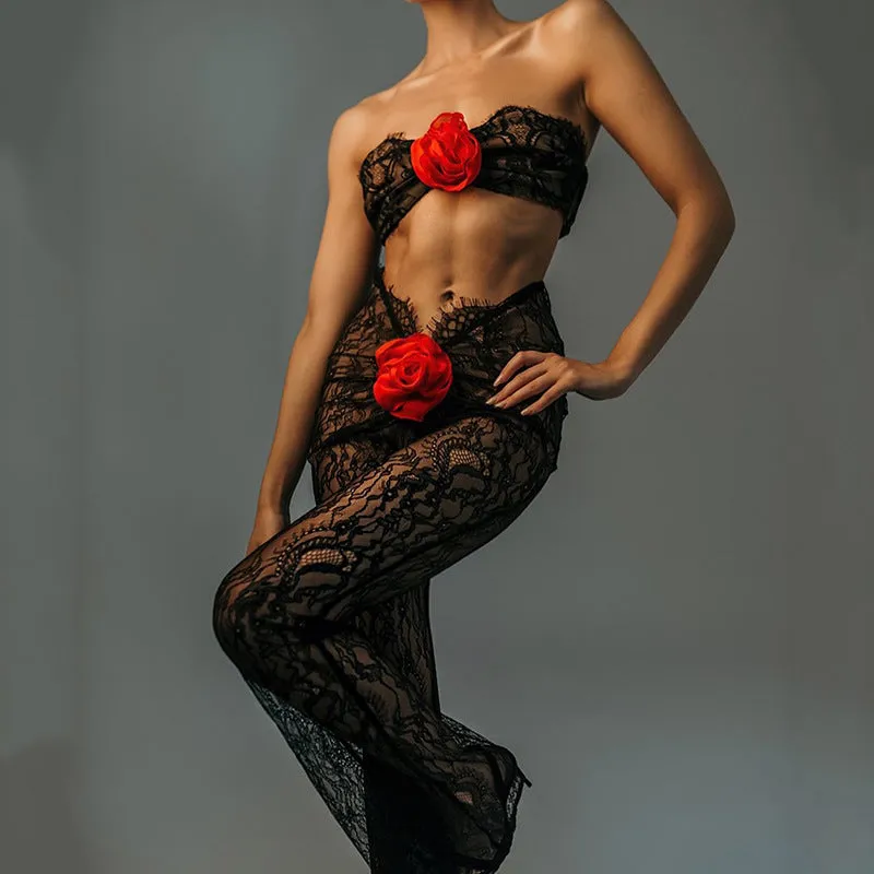 Autumn Lace See through Sexy Temptation Tube Top Jumpsuit Women Sexy Tight Floral Trousers KESLEY