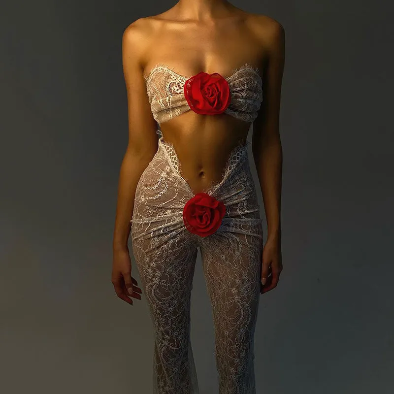 Autumn Lace See through Sexy Temptation Tube Top Jumpsuit Women Sexy Tight Floral Trousers KESLEY