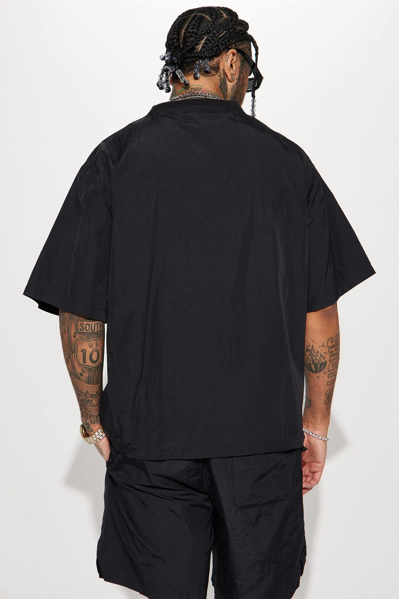 Batter Up Crinkle Nylon Pullover Tee - Black