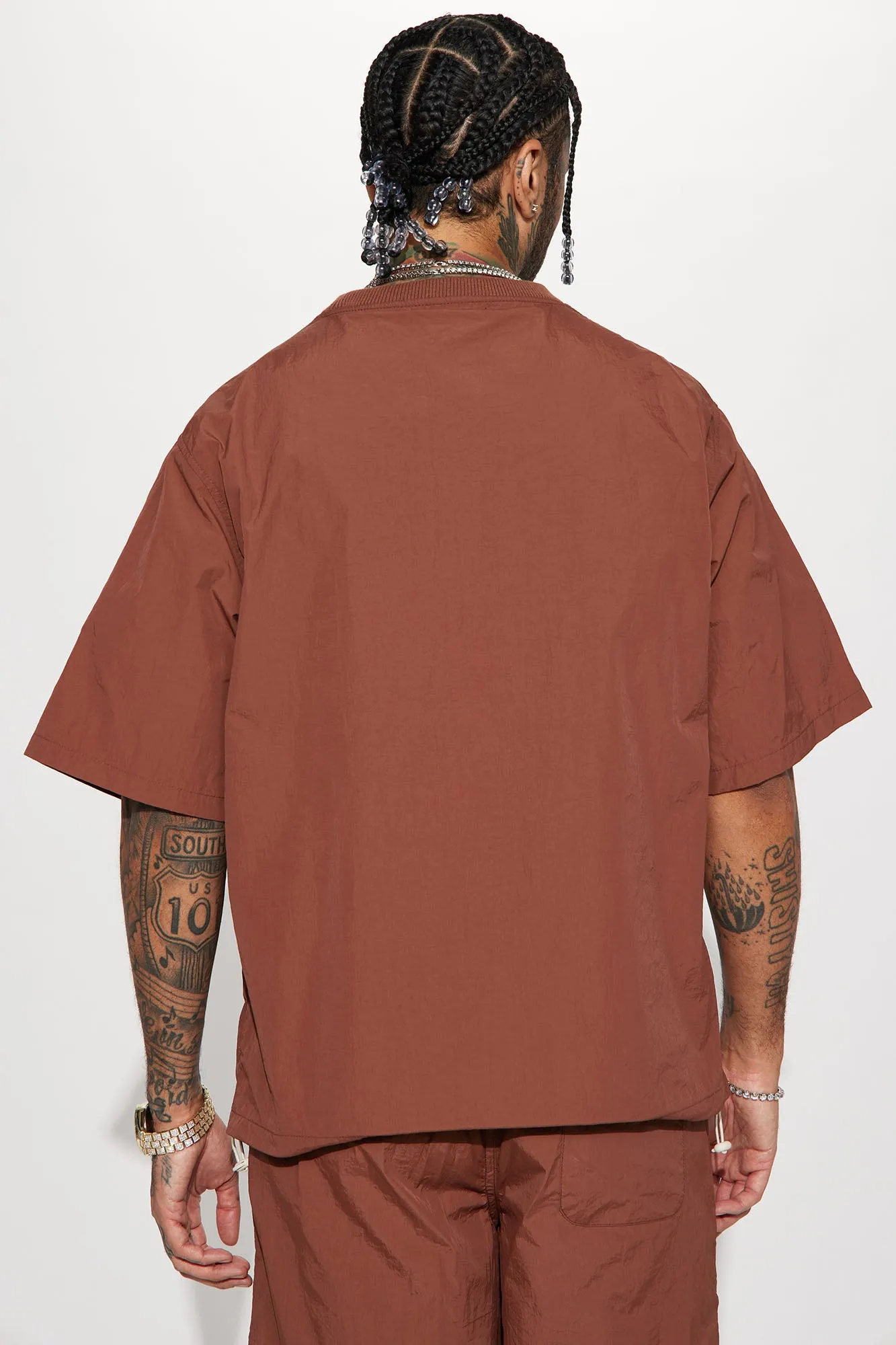 Batter Up Crinkle Nylon Pullover Tee - Brown