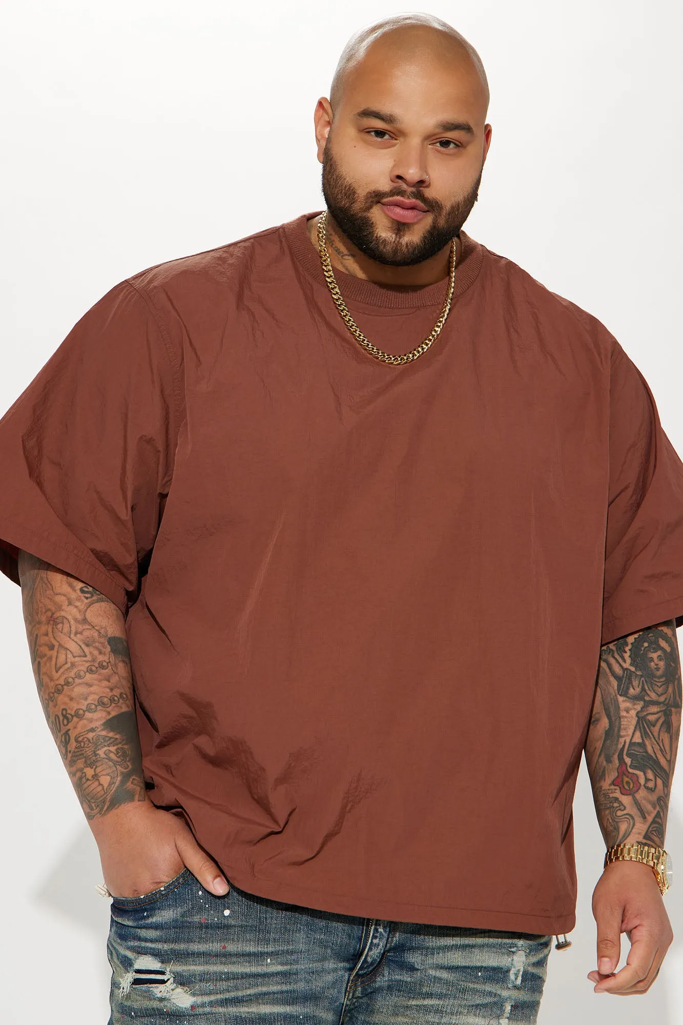 Batter Up Crinkle Nylon Pullover Tee - Brown