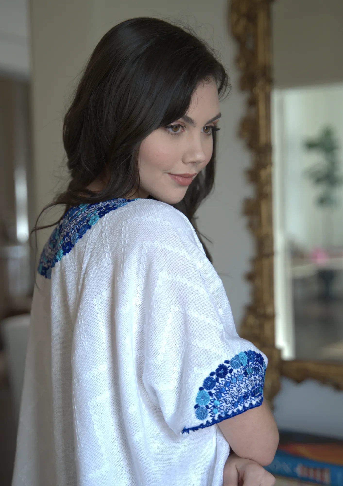 Beatriz Embroidered Guatemalan Top - White & Blue