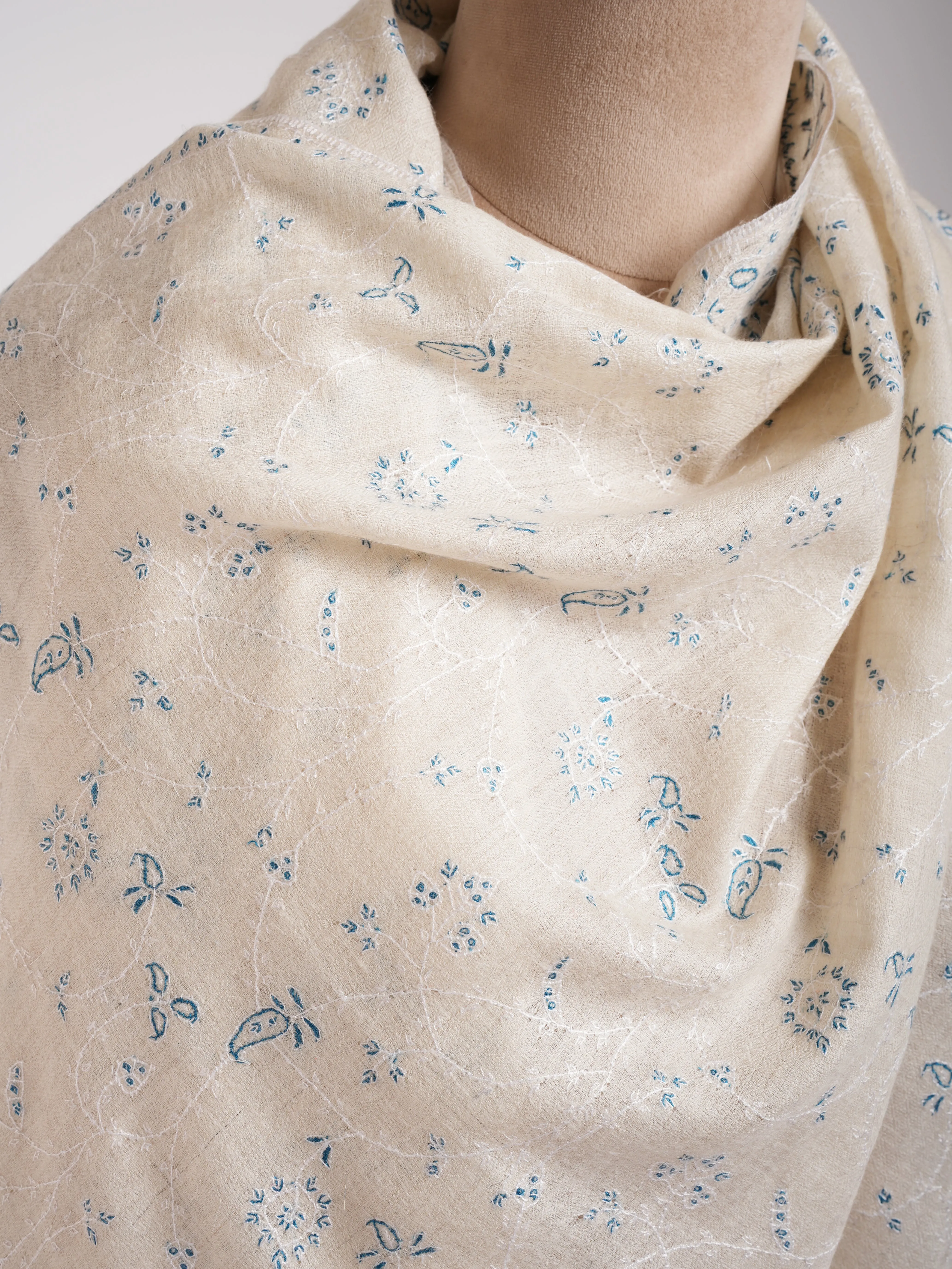 Beautiful White Pashmina Shawl With Blue Embroidery