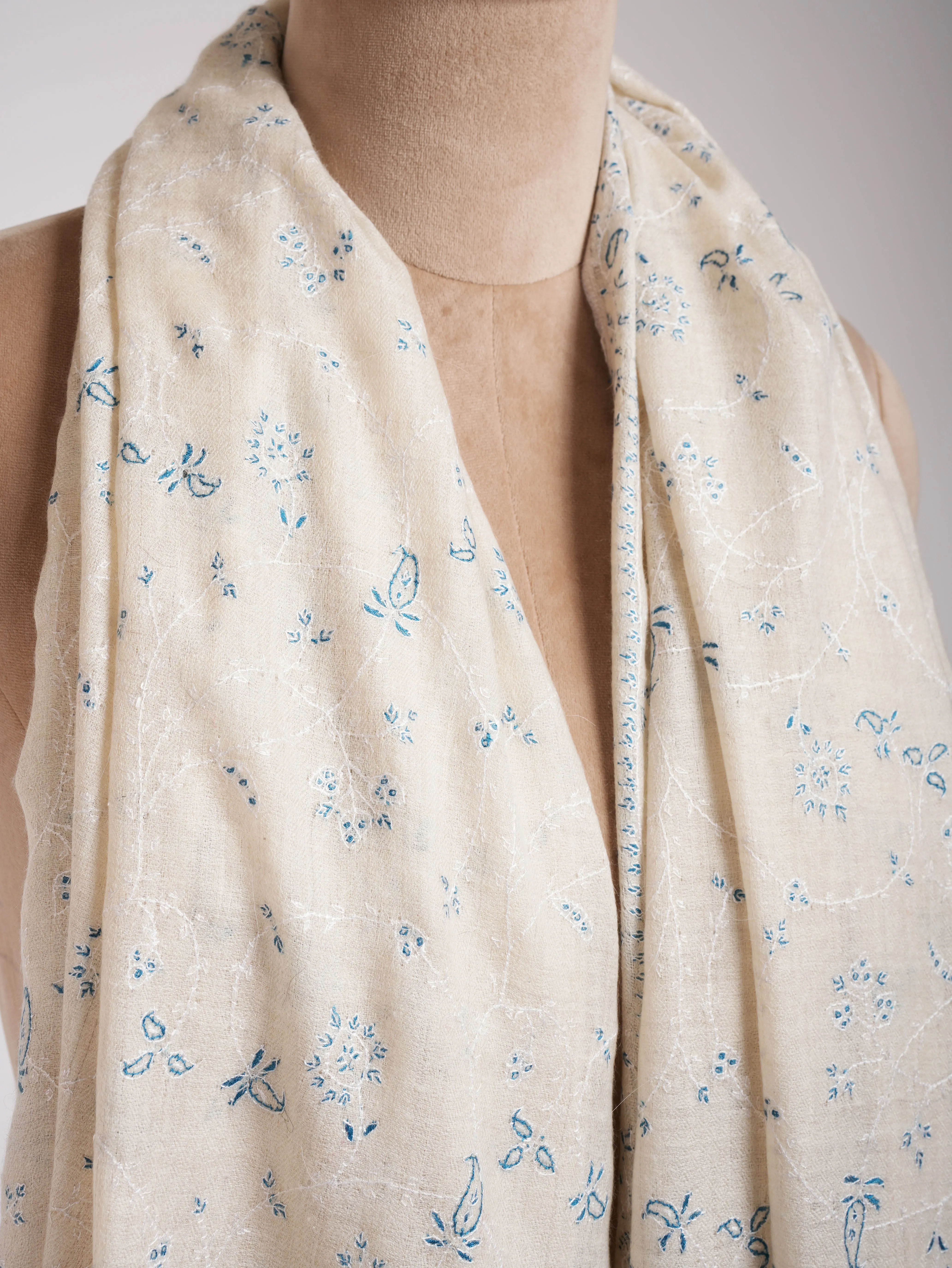 Beautiful White Pashmina Shawl With Blue Embroidery