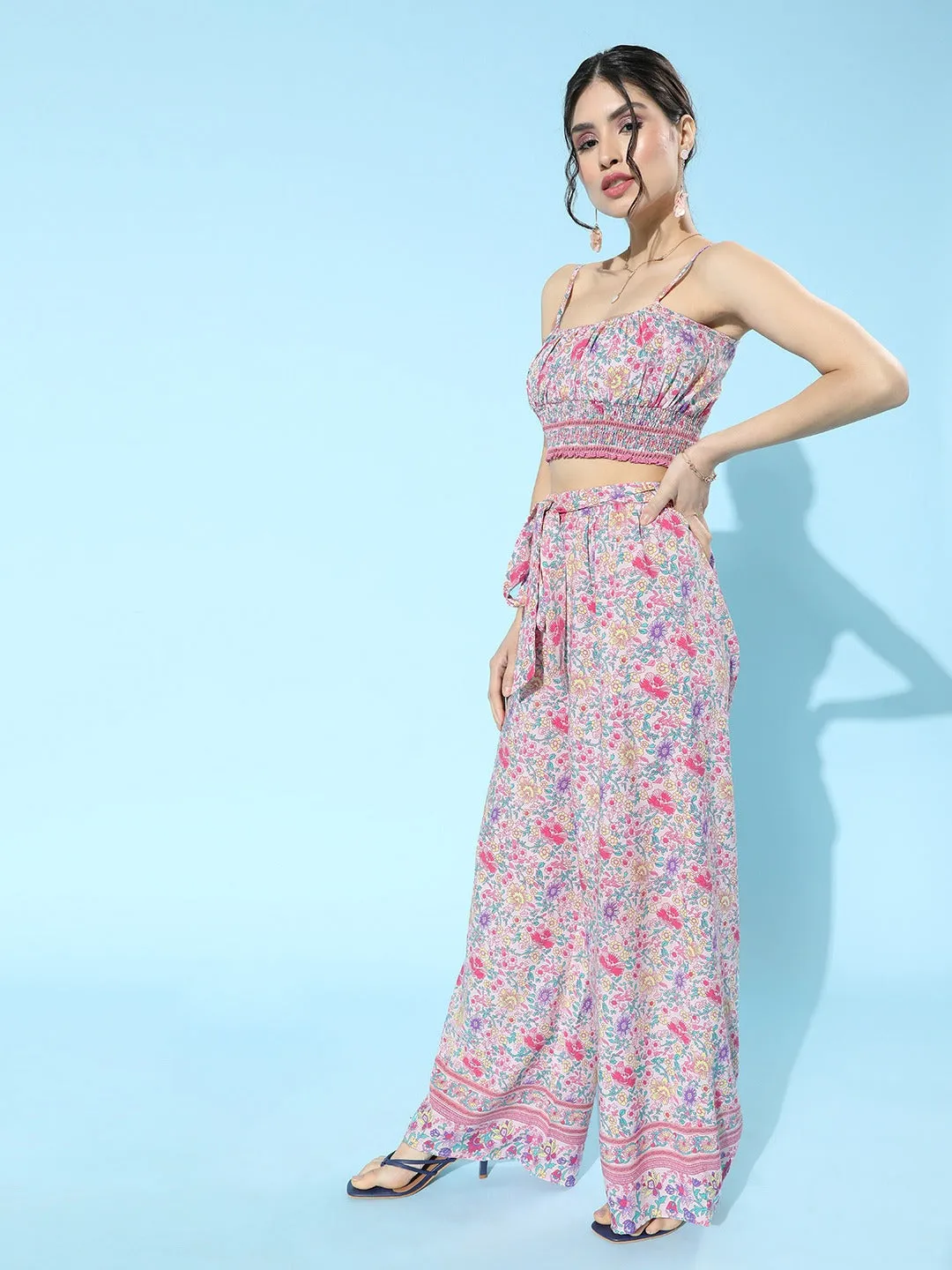 Berrylush Women Pink Floral Printed Square Neck Cami Top & Wide-Leg Trousers Set