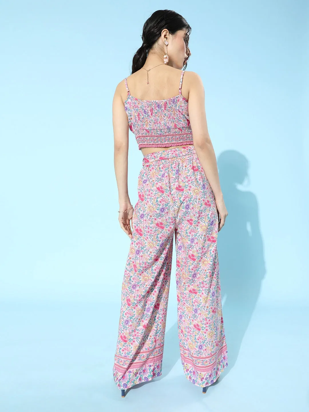 Berrylush Women Pink Floral Printed Square Neck Cami Top & Wide-Leg Trousers Set