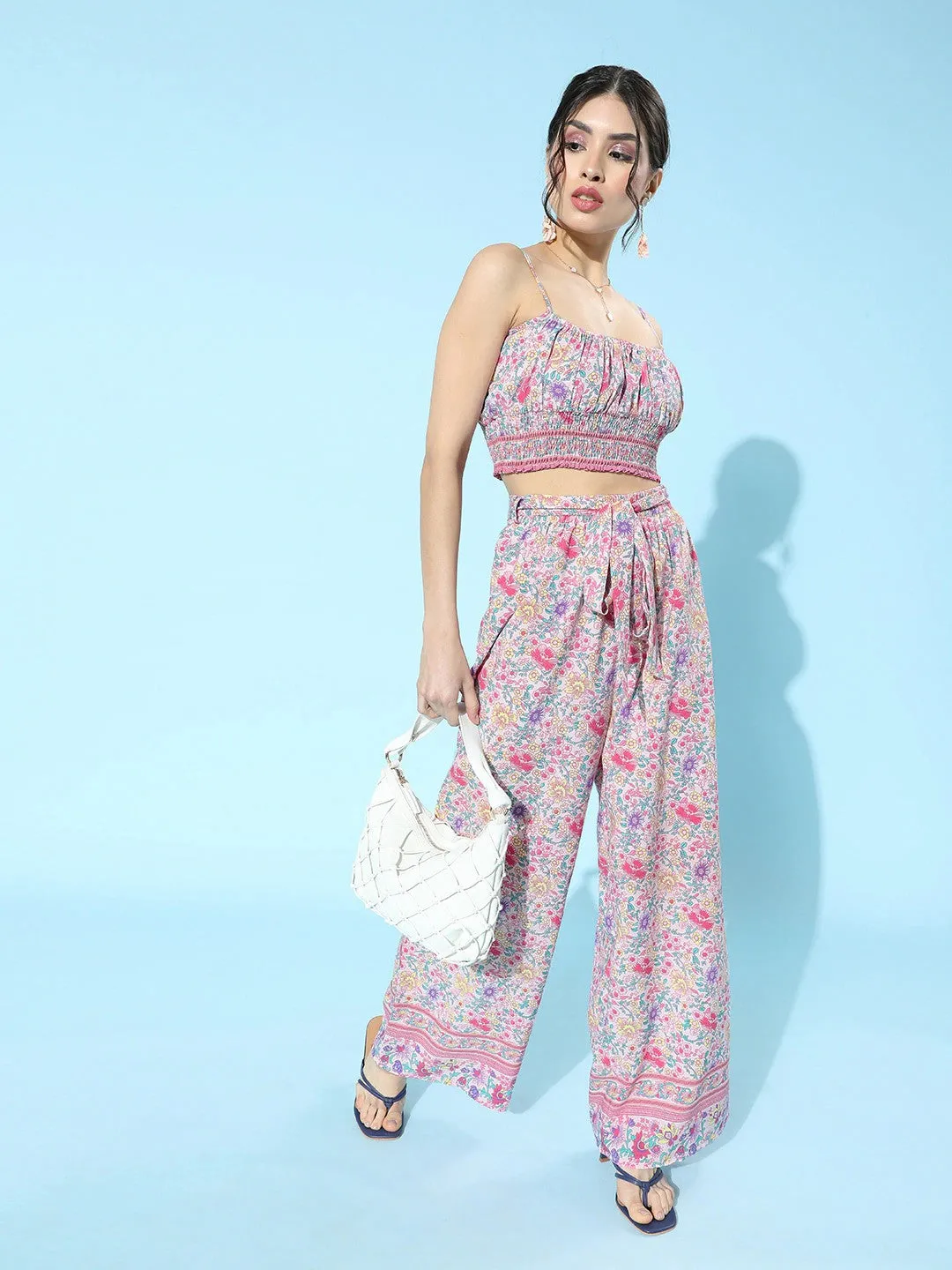 Berrylush Women Pink Floral Printed Square Neck Cami Top & Wide-Leg Trousers Set