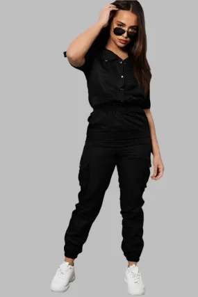 Black Parachute Fabric Utility Boiler Jumpsuit