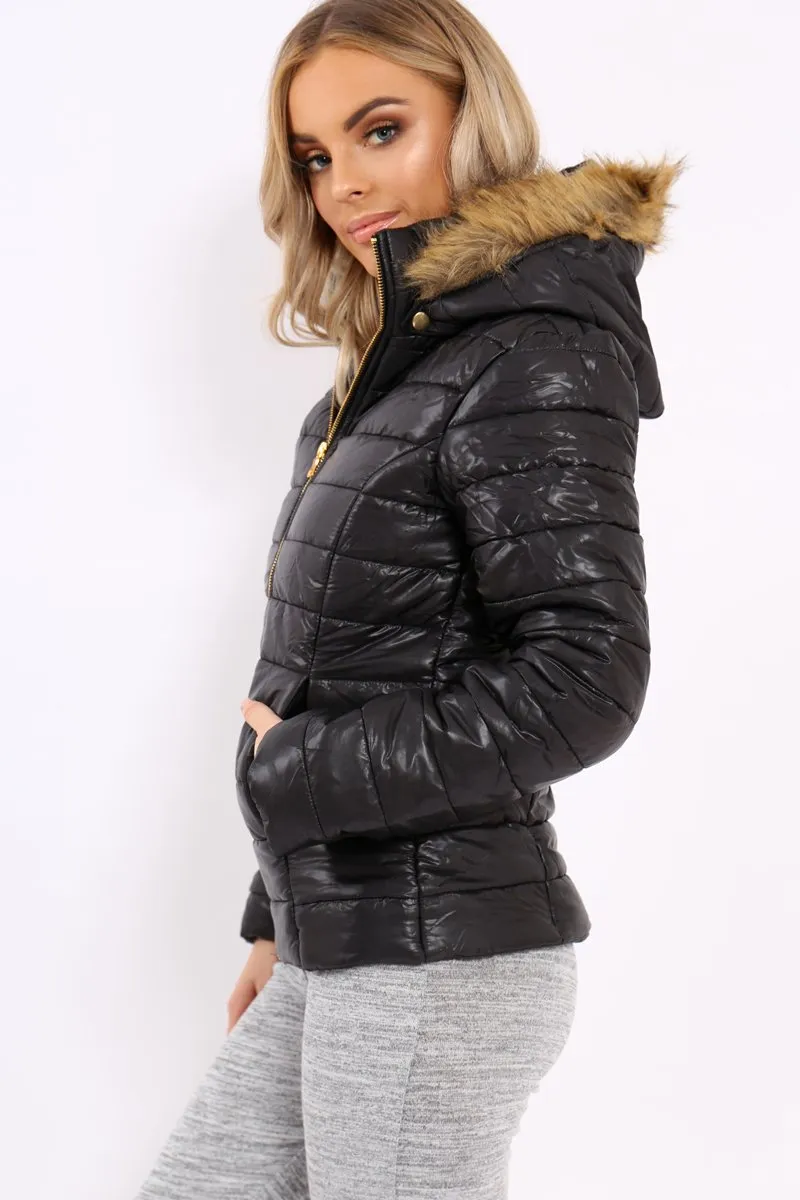 Black Shiny Puffer Coat with Fur Hood - Idy