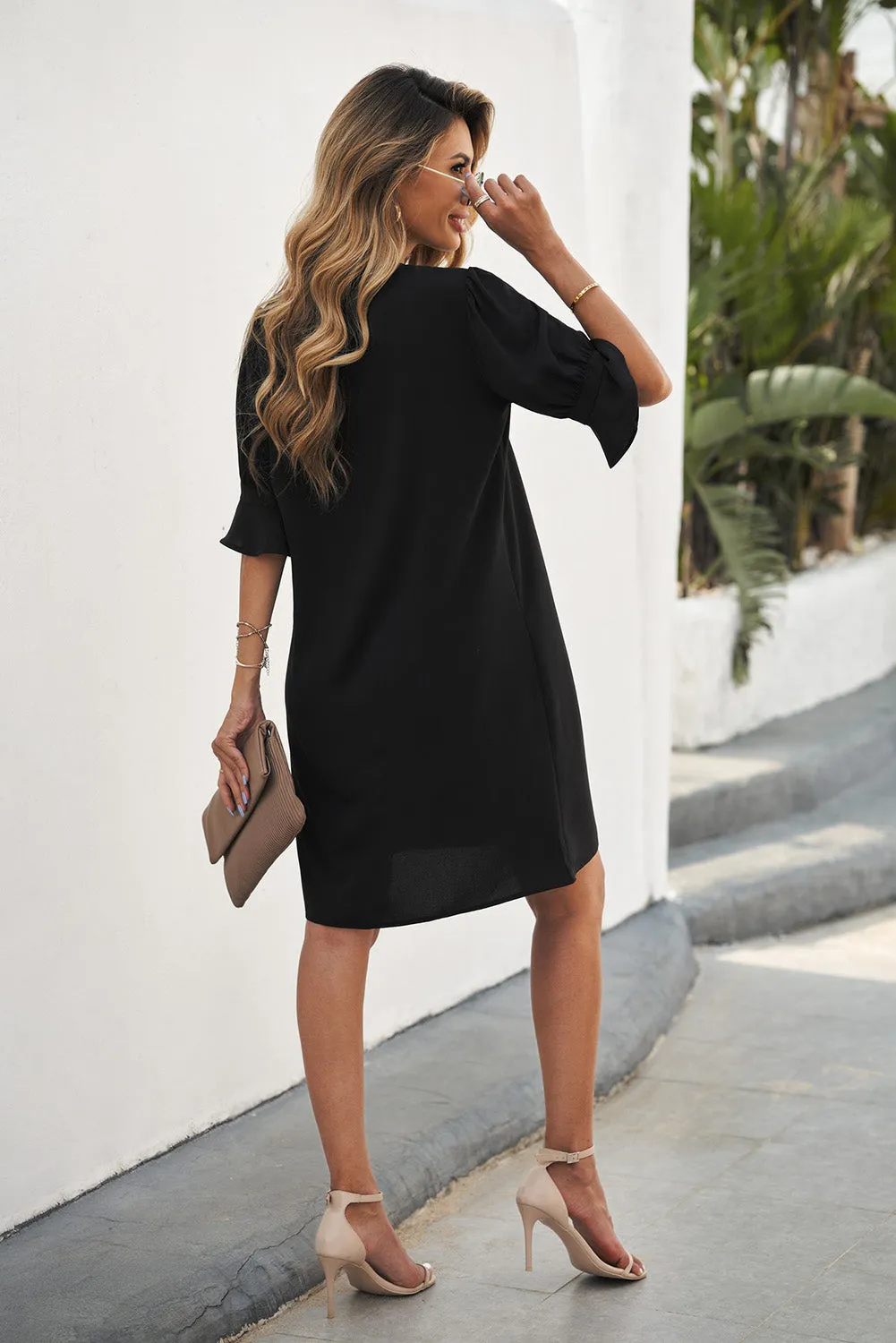 Black Split V Neck Short Sleeve Casual Tunic Dress