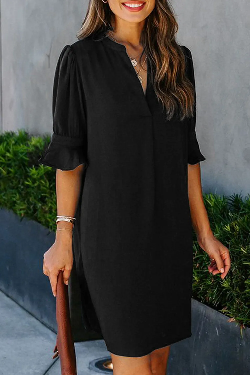 Black Split V Neck Short Sleeve Casual Tunic Dress