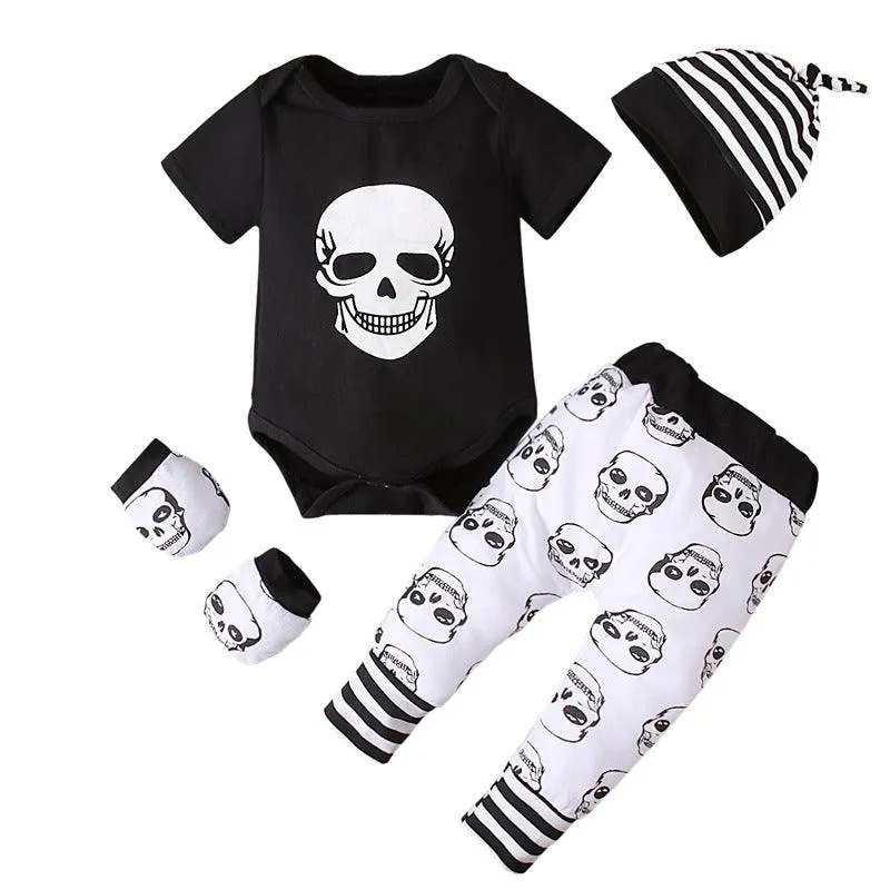 Boy's Halloween Short-sleeved Skull Jumpsuit Romper Printed Trousers Striped Hat 4-piece Suit