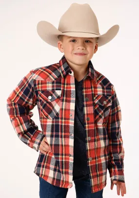 BOYS LONG SLEEVE SNAP CRANBERRY PLAID WESTERN SHIRT JACKET