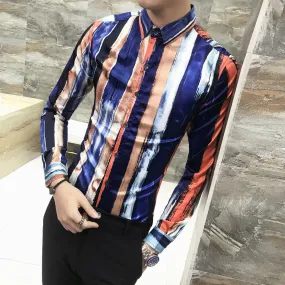 Brushed Stroke Stripe Print Multicolor Men Slim Fit Long Sleeves Shirt