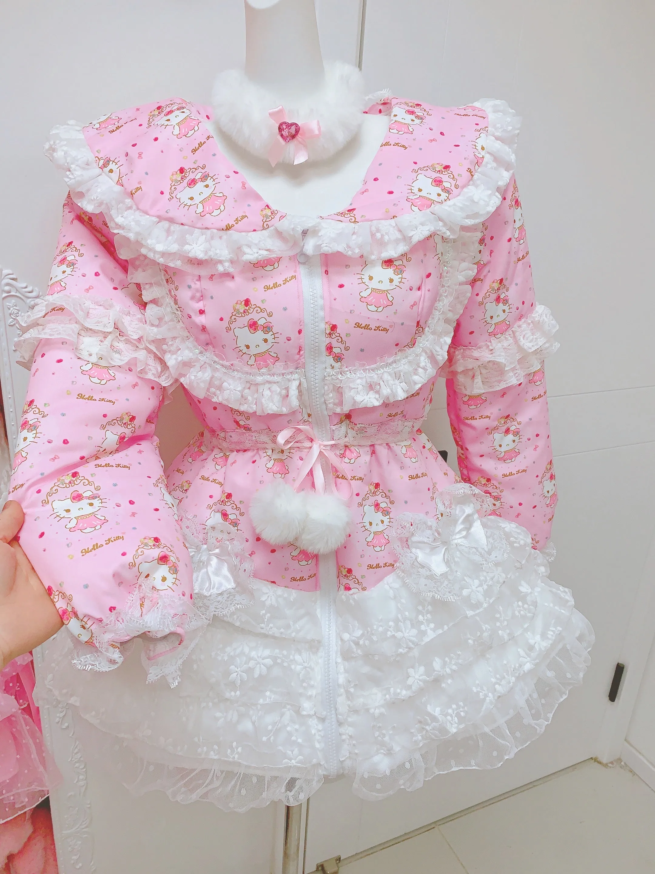 Candy Fairy Sweet Kitty Cat Pink Princess Lace Sailor Collar Winter Padded Puffer Jacket Coat Dress