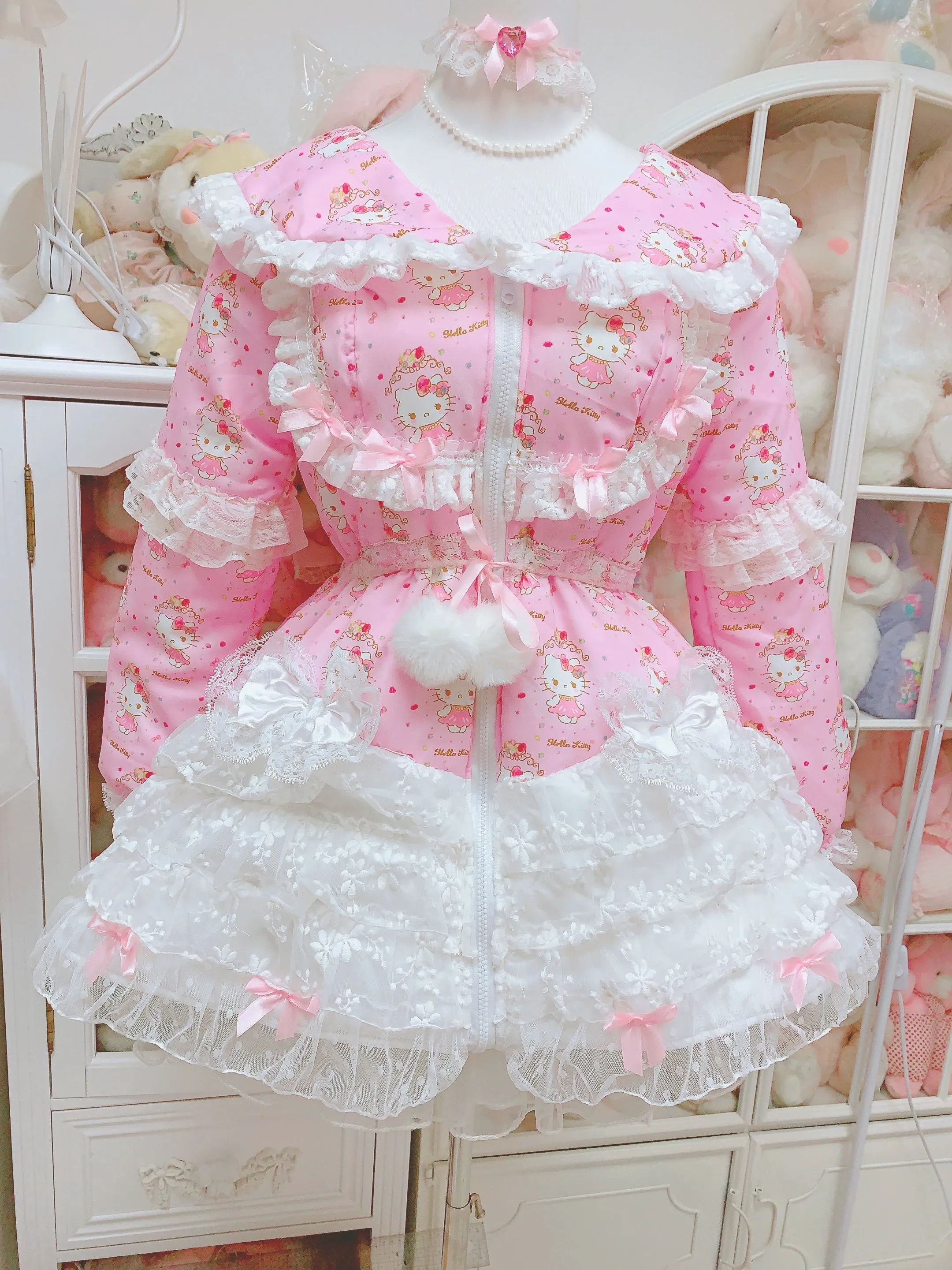 Candy Fairy Sweet Kitty Cat Pink Princess Lace Sailor Collar Winter Padded Puffer Jacket Coat Dress