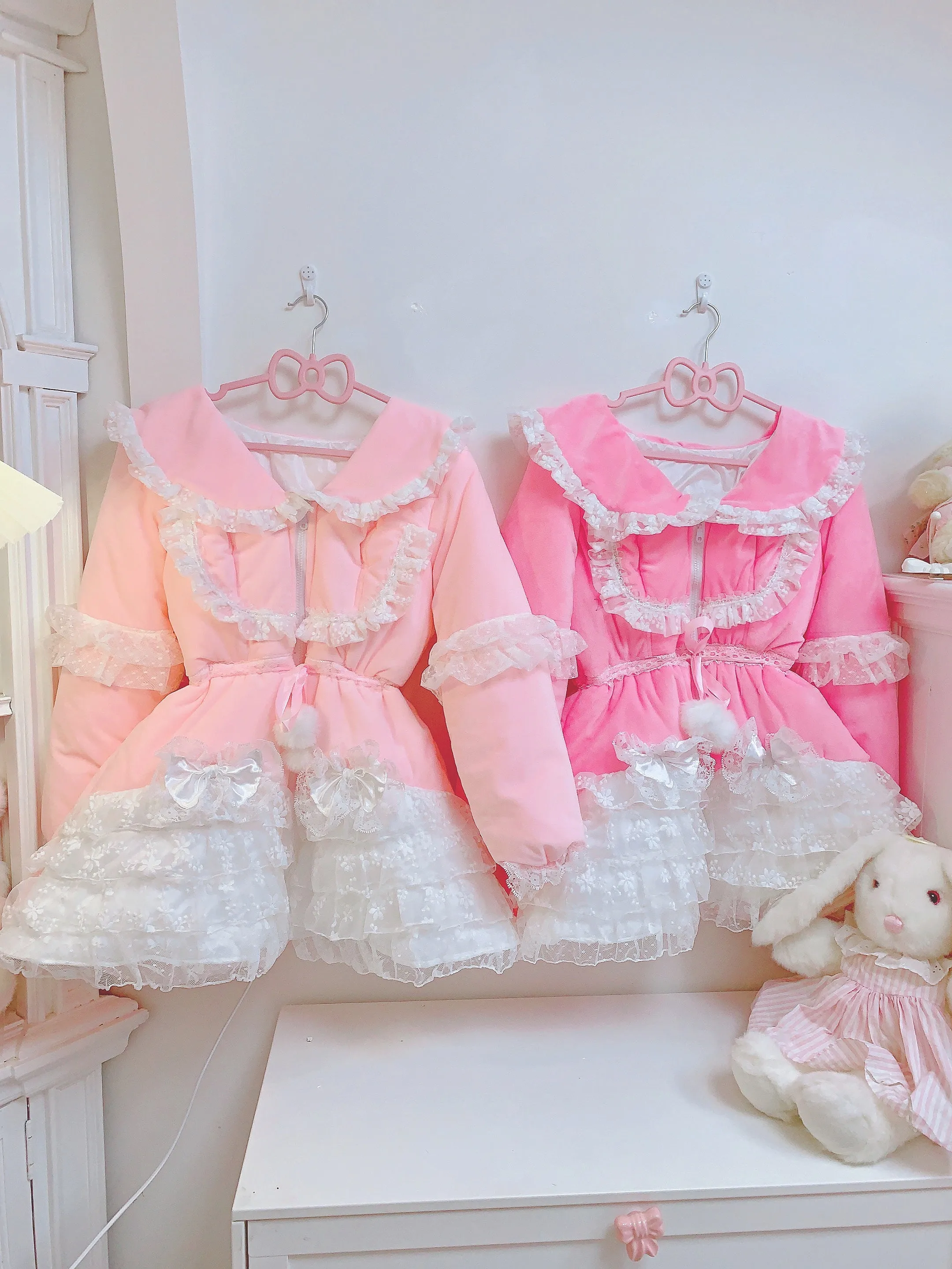 Candy Fairy Sweet Pastel Pink Princess Lace Sailor Collar Winter Padded Puffer Jacket Coat Dress