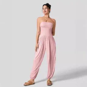 Casual Summer Tube Top Ankle Tied Jumpsuit Backless Pleated Pocket Bloomers One Piece Trousers for Women