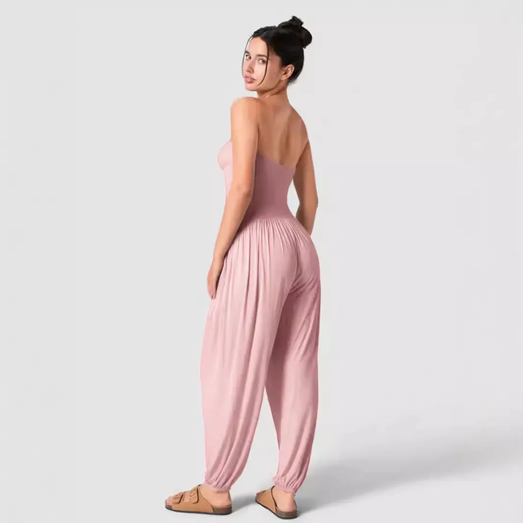 Casual Summer Tube Top Ankle Tied Jumpsuit Backless Pleated Pocket Bloomers One Piece Trousers for Women