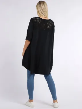 Crochet Back Cotton Tunic Top - Black