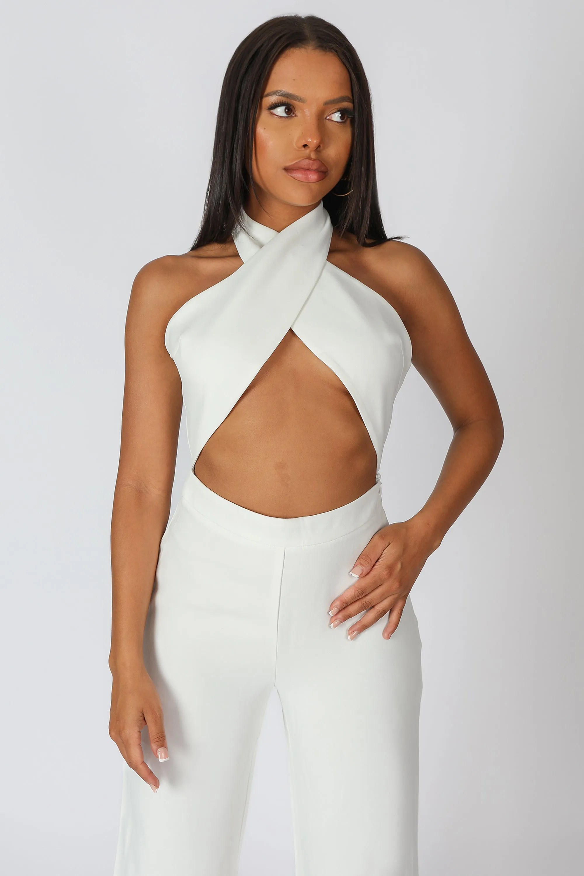 Cross Front Halter Wide Leg Jumpsuit White