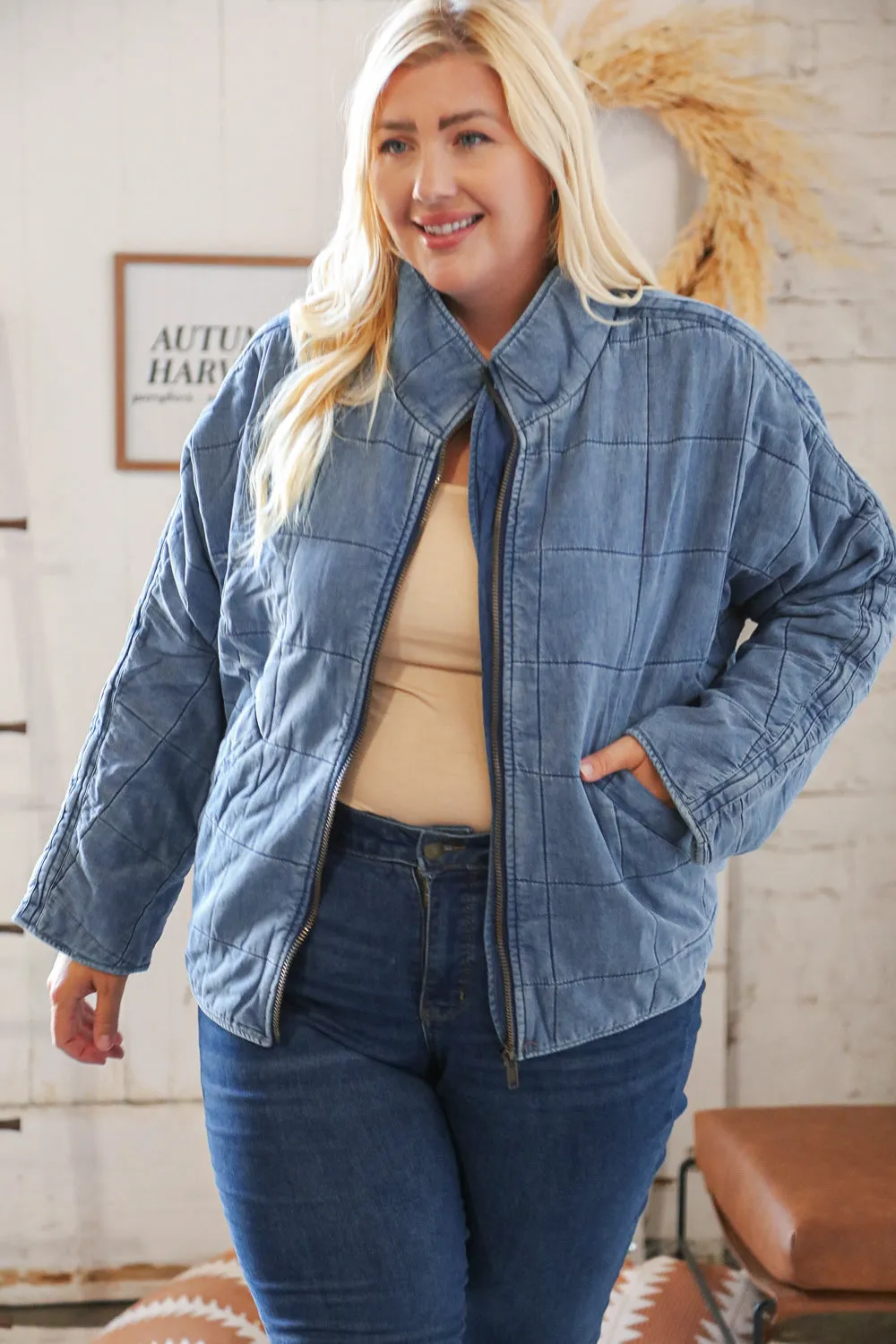 Denim Cotton Quilted Zip Up Jacket