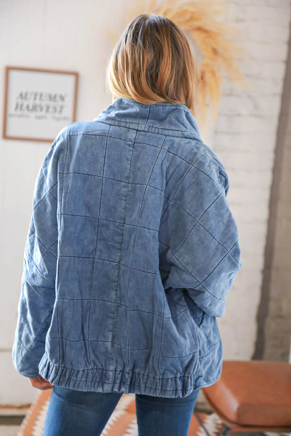 Denim Cotton Quilted Zip Up Jacket