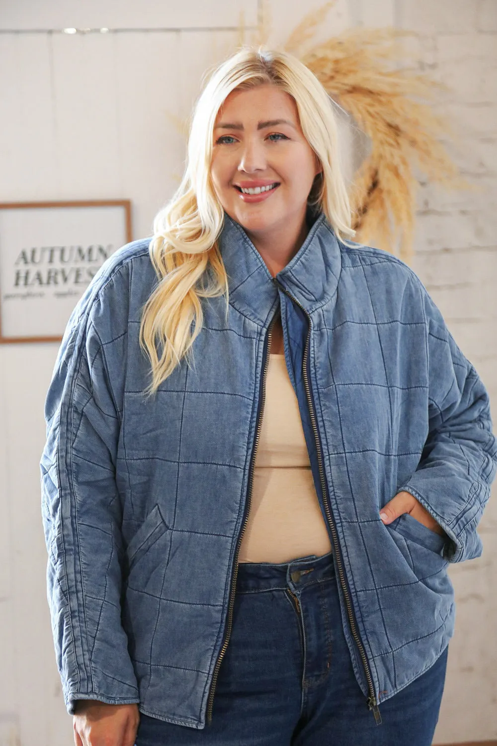 Denim Cotton Quilted Zip Up Jacket