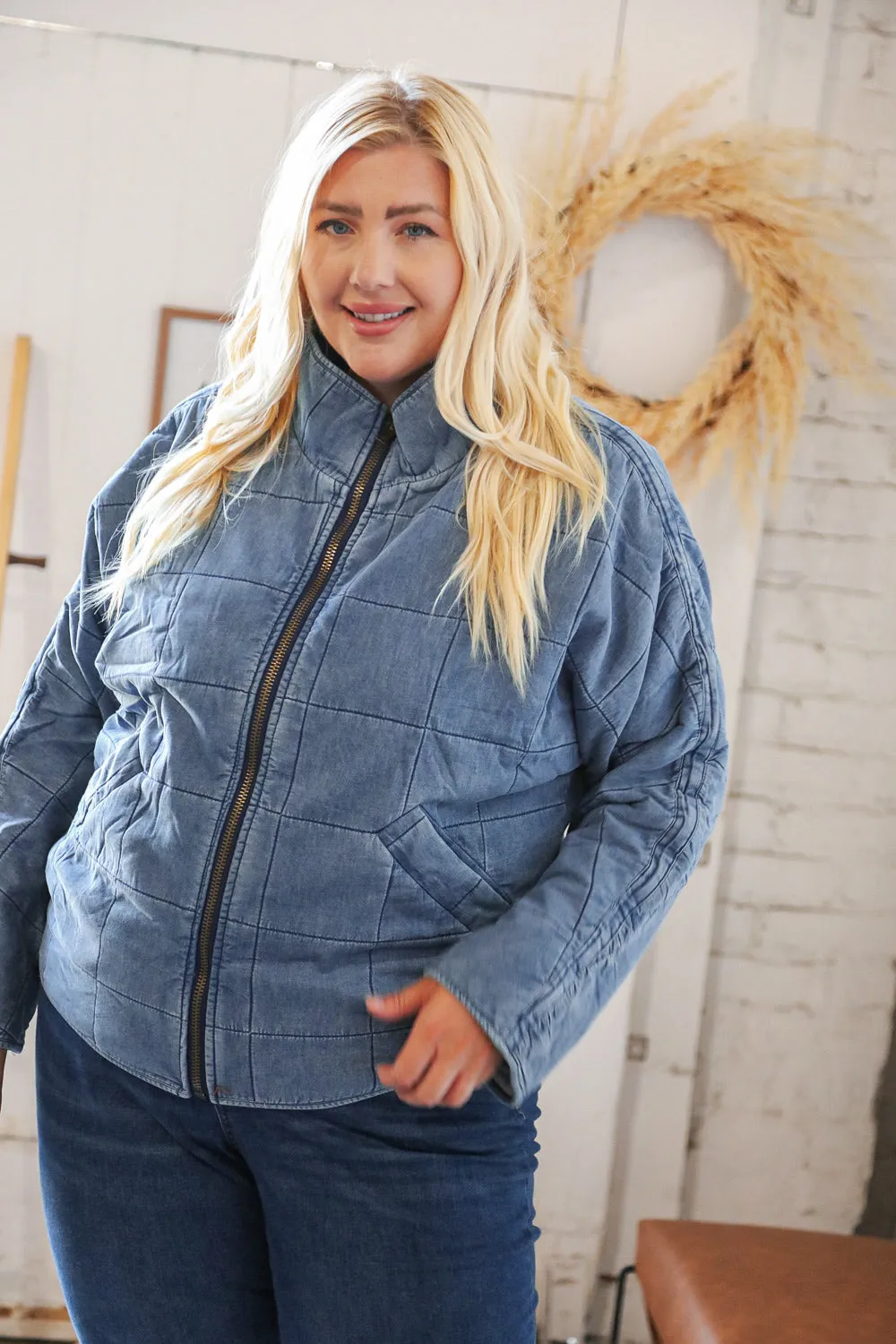 Denim Cotton Quilted Zip Up Jacket