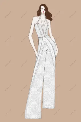 Designer Beaded Lace Illusion Halter Plunging Bridal Jumpsuit Sketch