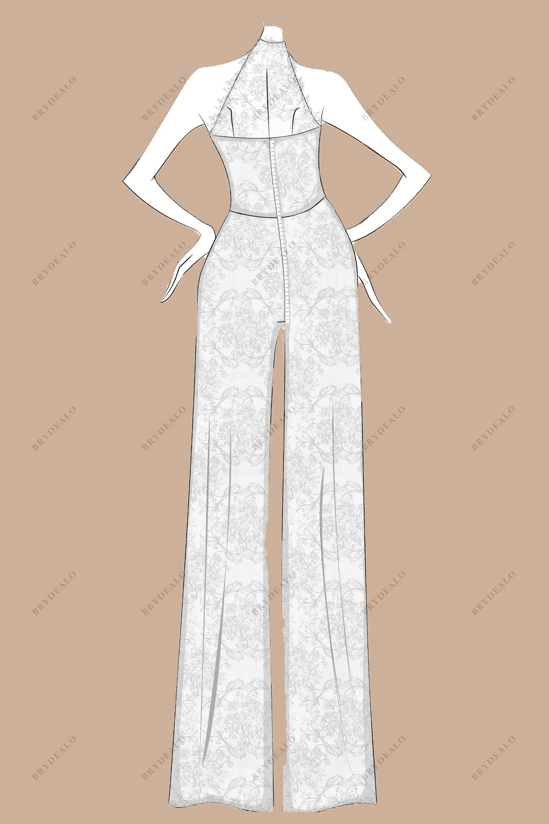 Designer Beaded Lace Illusion Halter Plunging Bridal Jumpsuit Sketch