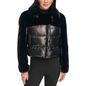 DKNY Womens Quilted Faux Fur Trim Puffer Jacket