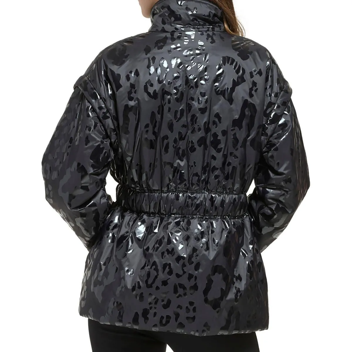 DKNY Womens Stand Collar Animal Print Puffer Jacket