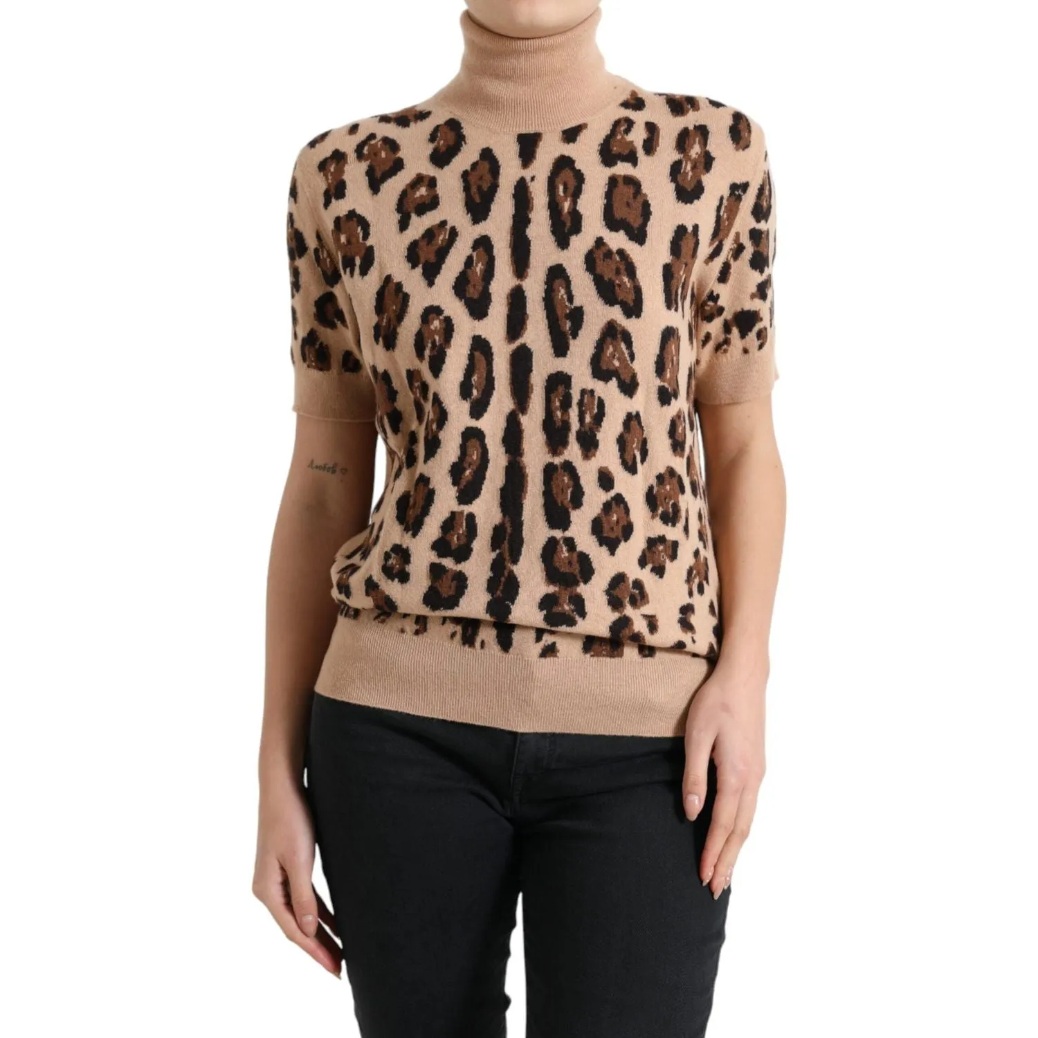 Dolce & Gabbana Elegant Beige Leopard Turtleneck Wool Top