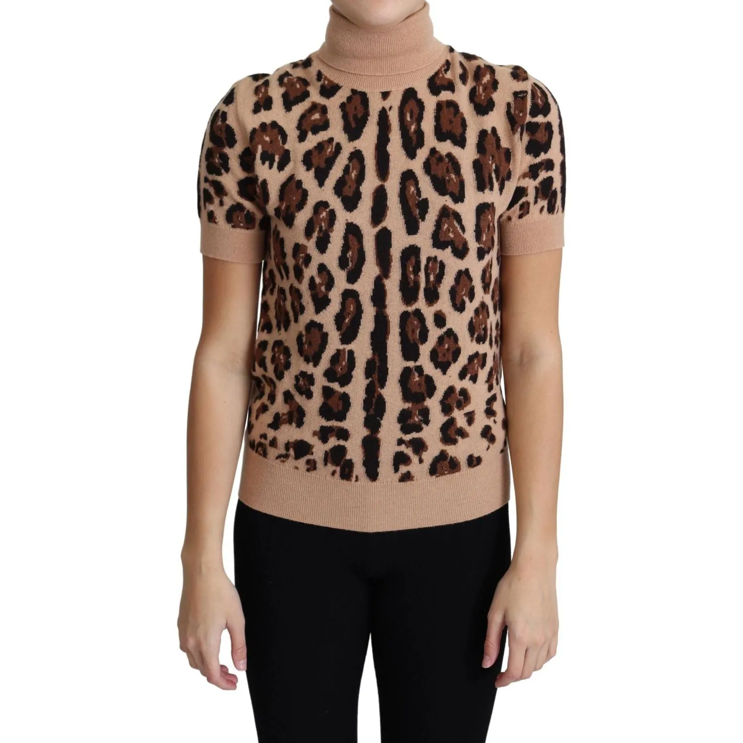 Dolce & Gabbana Elegant Leopard Print Wool Turtleneck Top