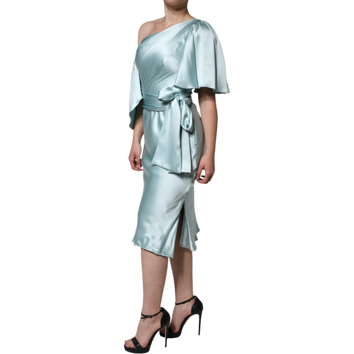 Dolce & Gabbana Mint Green Silk Fit Cut One Shoulder Dress